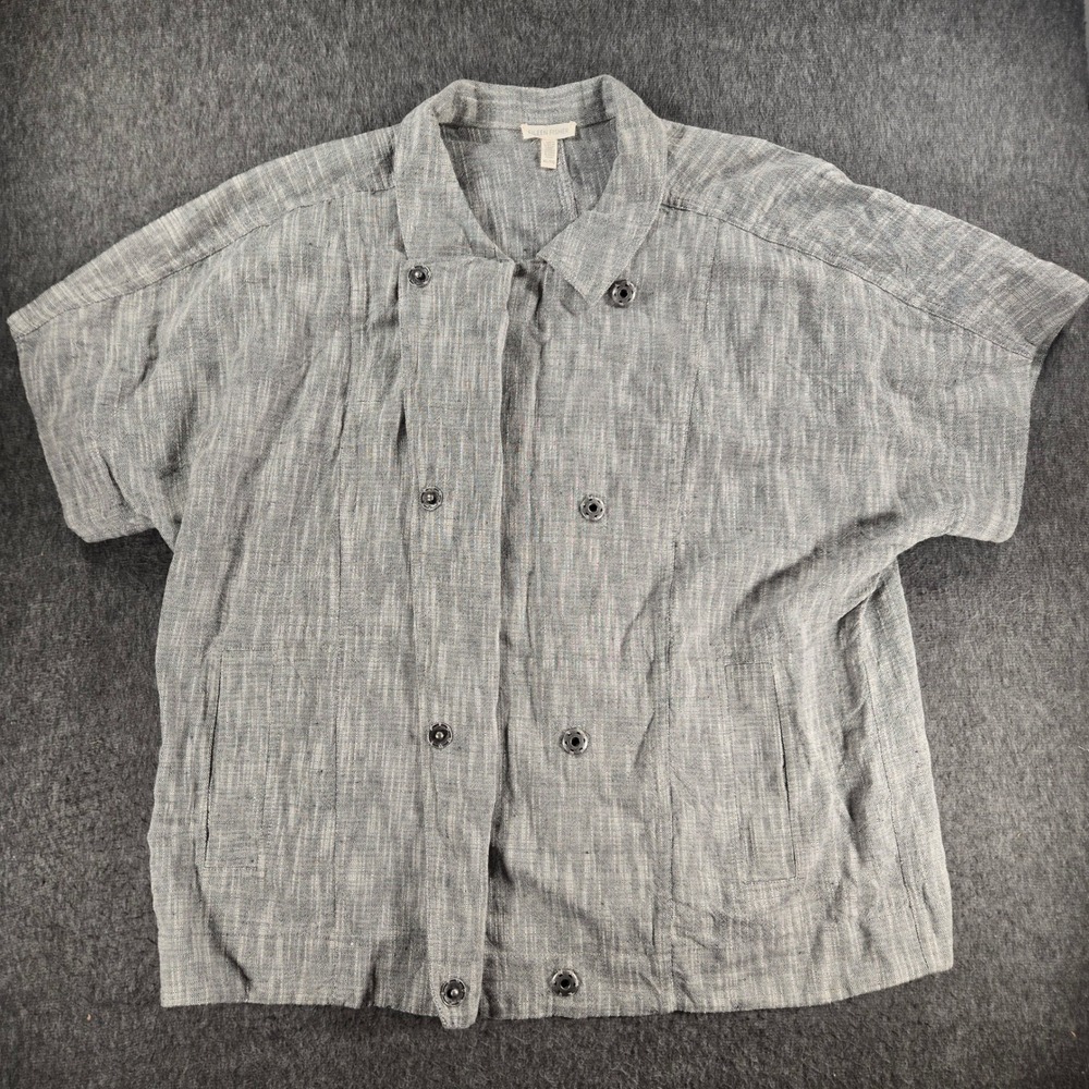 Eileen Fisher Linen Blend Jacket Womens XL Gray Hidden Snap Short Sleeve Cropped